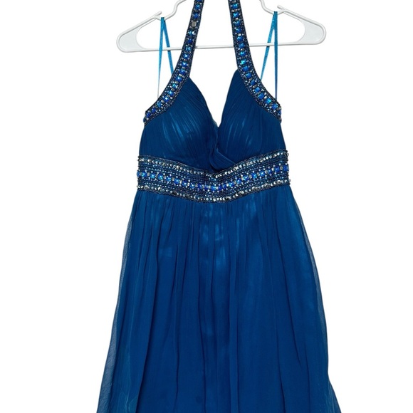 Adrianna Papell Blue Halter Dress with Beaded Details for Prom or Formal - Picture 1 of 16